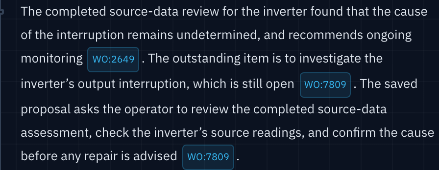 The saved Ask answer cites the completed review and the separate open inspection. Neither establishes the equipment cause.